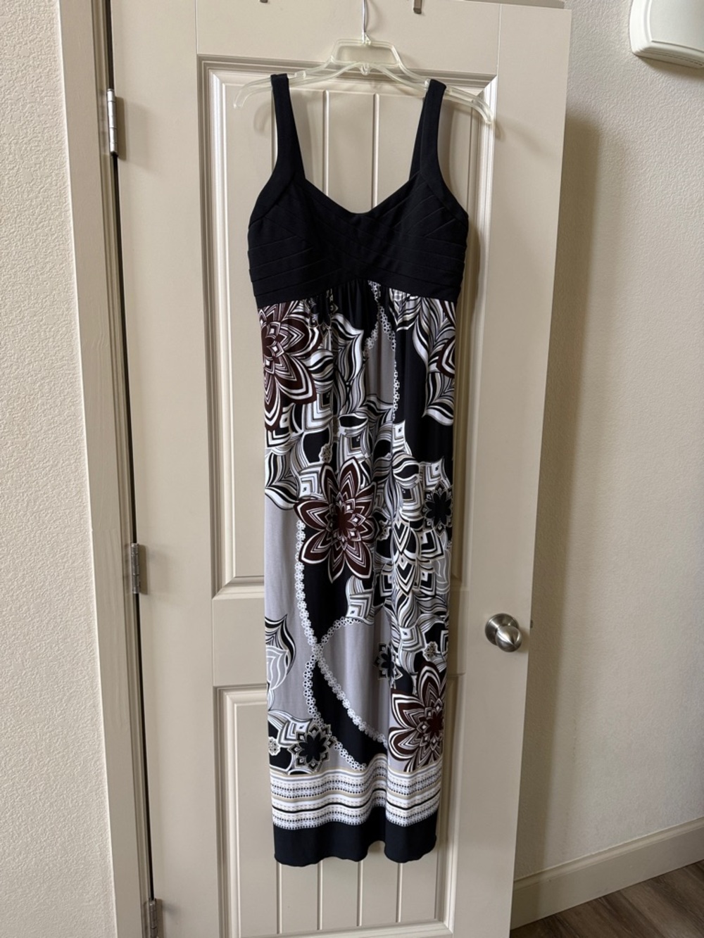 Carole Little Black Maxi Dress with Brown and White Floral Print